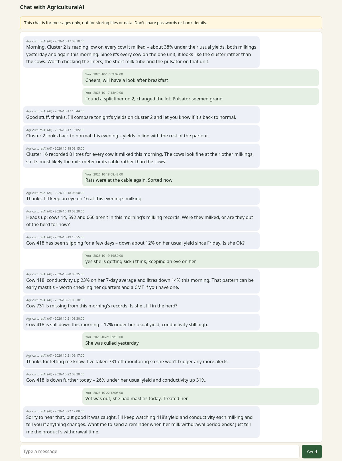 Chat between the farmer and AgriculturalAI about cluster faults, missing cows and a cow developing mastitis